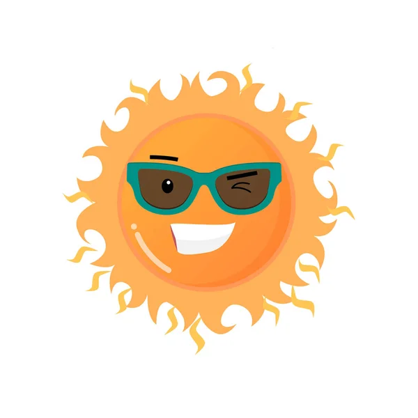 Lustig zahm lächelnde Sonne in Sonnenbrille Emoji-Aufkleber isoliert auf weißem Hintergrund — Stockvektor