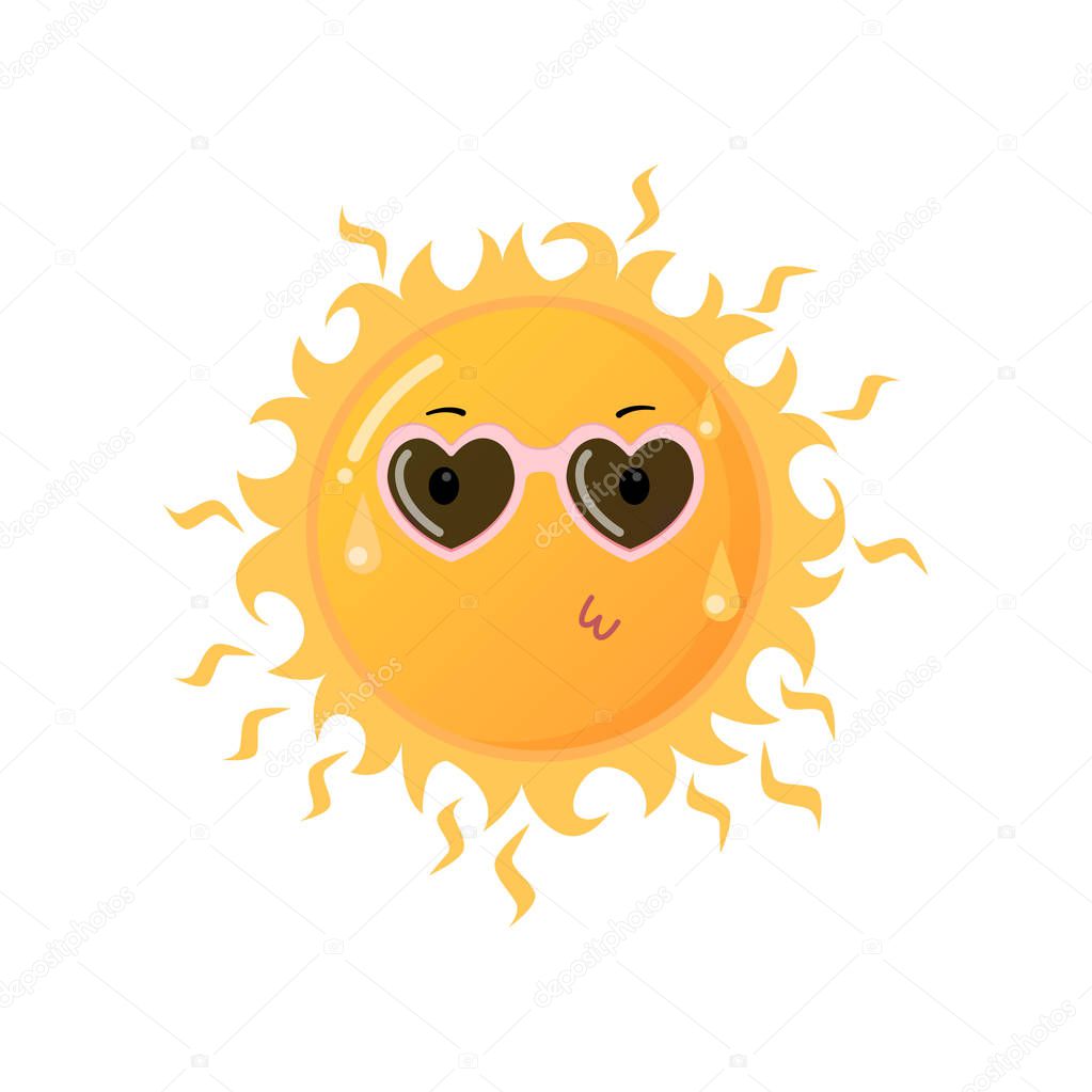 Hot yellow sun in heart-shaped sunglasses sending kiss emoji sticker isolated on white