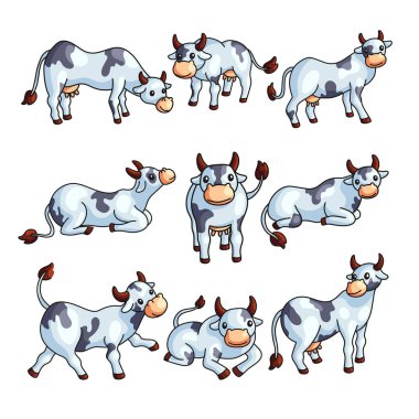 Çeşitli teşkil etmektedir komik siyah beyaz benekli inek çiftlik hayvan karakter kümesi.