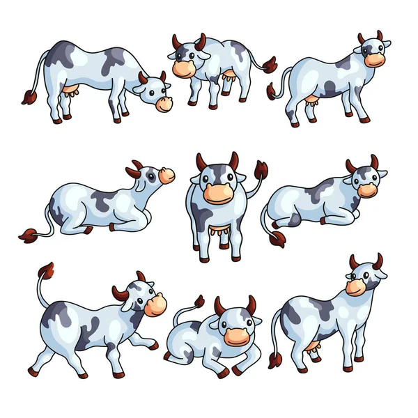 Engraçado preto e branco manchado vaca fazenda animal personagem definido em várias poses . — Vetor de Stock