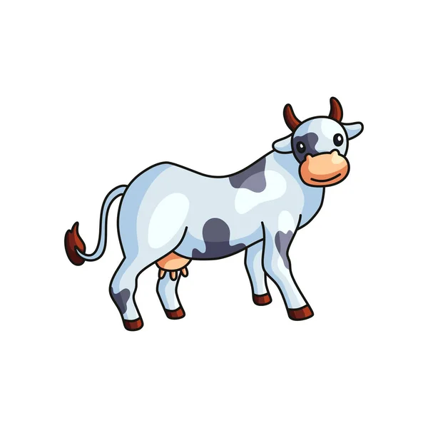 Vicces fekete-fehér foltos tehén farm állati karakter állt, és nézett viewer — Stock Vector