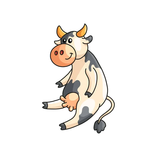 Engraçado sorrindo vaca manchada sentado e ouvindo isolado no branco — Vetor de Stock