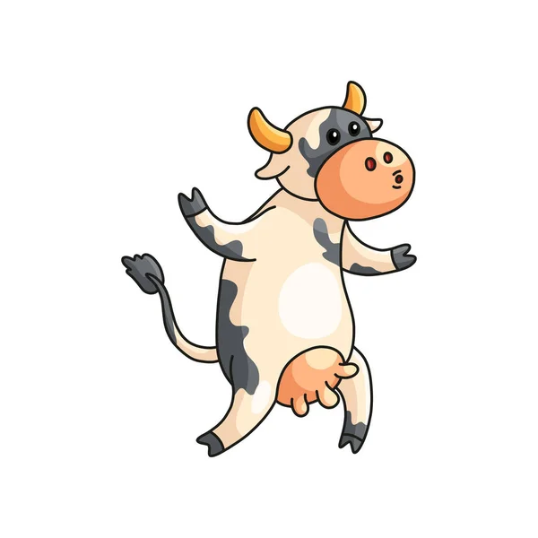 Смішна плямиста корова, що йде на двох лапах, з обуренням мучиться ізольовано на білому — стоковий вектор