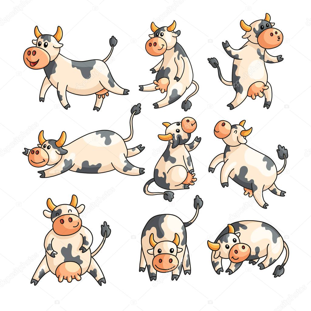 Funny spotted cows with different emotions in various poses isolated on white