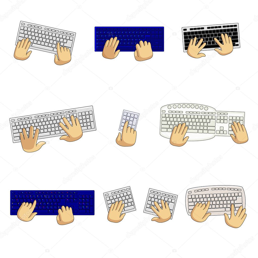 Set of keyboards of different types and typing user hands isolated on white background. Wireless models. Main input device on computer. Logo, icon, flyer template for any purpose