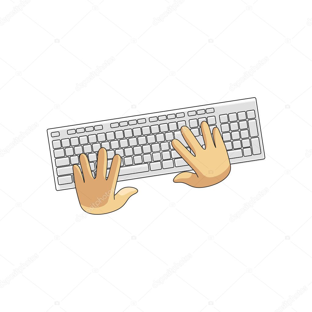 Light classical keyboard and typing user hands on keys isolated on white background. Top view. Main input device on computer. Logo, icon, flyer template for any purpose