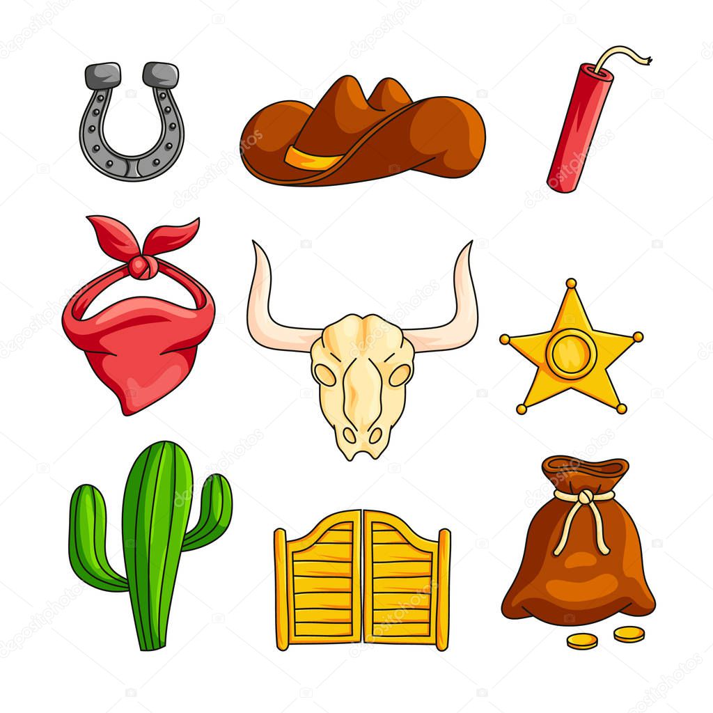 Wild west with cowboy accessories set isolated on white background. Horseshoe, broad-brimmed hat, dynamite, bandana, skull with horns, sheriffs star, cactus, tavern wooden doors, bag of gold coins