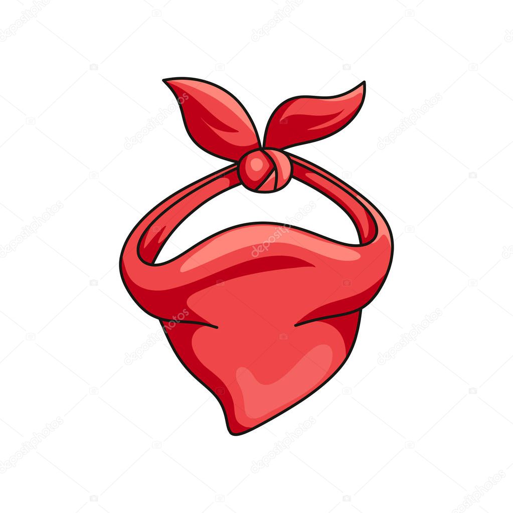 Red cowboy bandana, neck scarf, face mask isolated on white background. Wild west symbol, classic clothes, country guy accessory. Logo, card, icon template