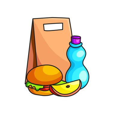 Hamburger, yoğurt ve elma dilimi ile kağıt paketinde okul kahvaltısı