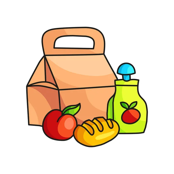 Skol frukost i pappers paket med äppeljuice och frukt, bröd — Stock vektor
