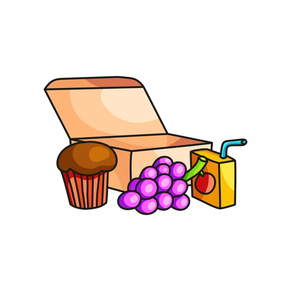 Шкільний сніданок в еко-картонній коробці з виноградом, мафіном та соком — стоковий вектор