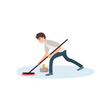 Buz üzerinde gri giysiler bir atlet bir fırça ile zemin sürtünme, böylece bir taş iterek.