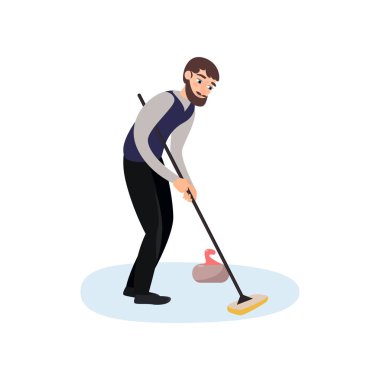 Mavi bir ceket ve buz üzerinde siyah pantolon bir atlet, böylece taş iterek, bir fırça ile zemin sürtünme.