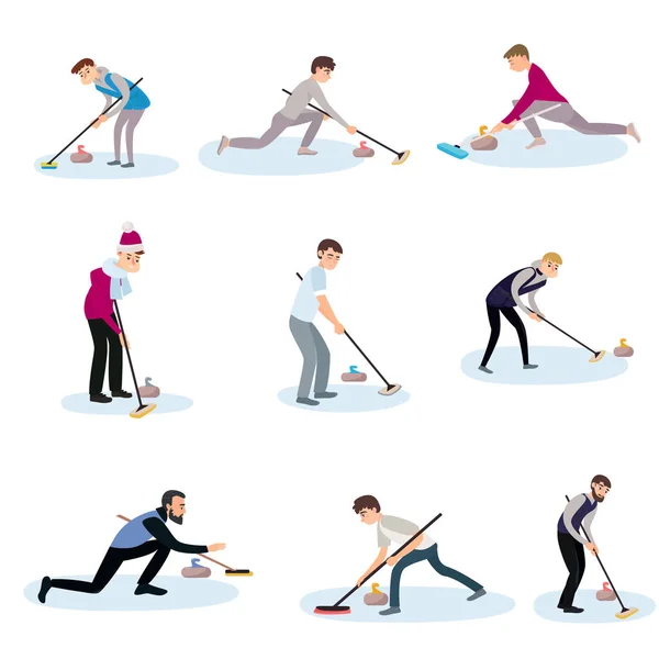 Atleti sul ghiaccio sfregando il pavimento con le spazzole spingendo così la pietra . — Vettoriale Stock