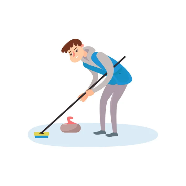 En idrottare i blå kläder på isen gnider golvet med en borste, vilket driver en sten. — Stock vektor
