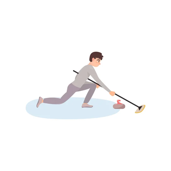 Un atleta en ropa gris en el hielo está frotando el suelo con un cepillo, empujando así una piedra . — Vector de stock