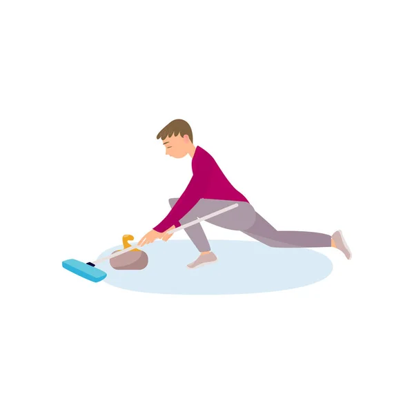 Un atleta con ropa roja en el hielo está frotando el suelo con un cepillo, empujando así una piedra . — Vector de stock