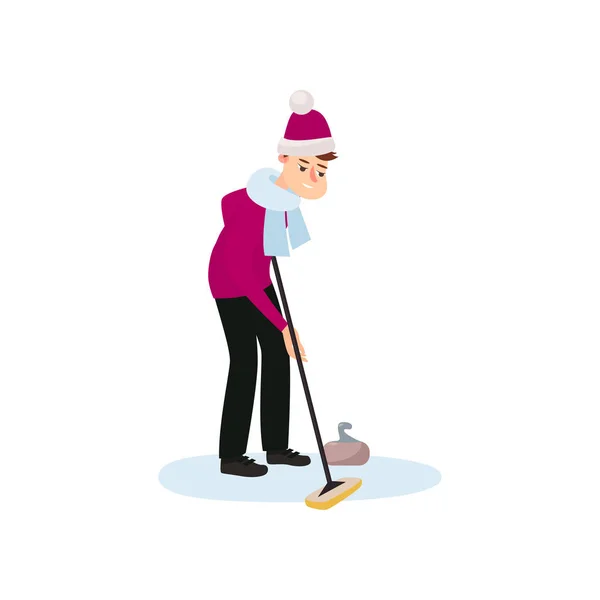 An athlete in a red hat and scarf on the ice is rubbing the floor with a brush, thus pushing a stone. — Stock Vector