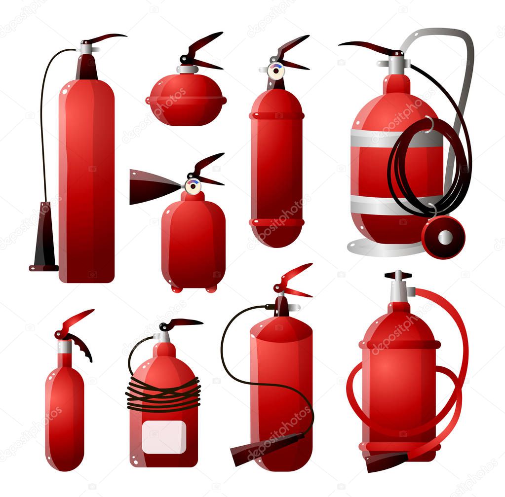 A set of different types of fire extinguishers in red and different shapes. Fire safety.
