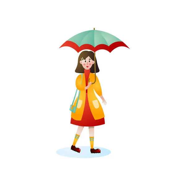 街通りで雨の下を歩いているかわいい笑顔の女性 — ストックベクタ