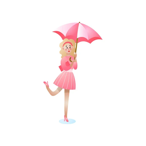 Seksowna uśmiechnięta blond dziewczyna z parasolem pod deszczem — Wektor stockowy