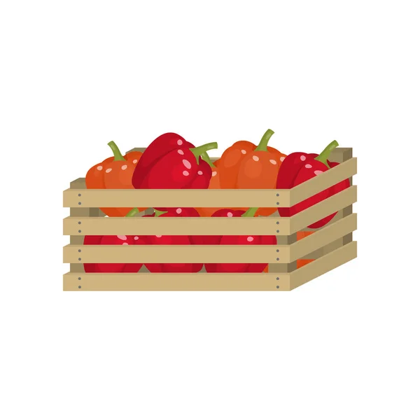 Boîte en bois de paprika frais, éco, rouge de la ferme — Image vectorielle