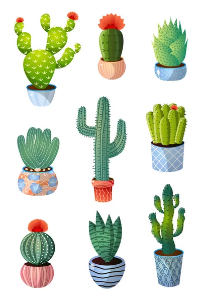 Conjunto de cactus verdes de colores en maceta para la decoración del hogar — Archivo Imágenes Vectoriales