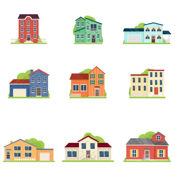 Conjunto de diferentes tipos de casa na aldeia ou apartamento da cidade — Vetor de Stock