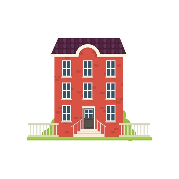 Κόκκινο τούβλο σπίτι της πόλης με πράσινο γρασίδι σκάλες — Διανυσματικό Αρχείο