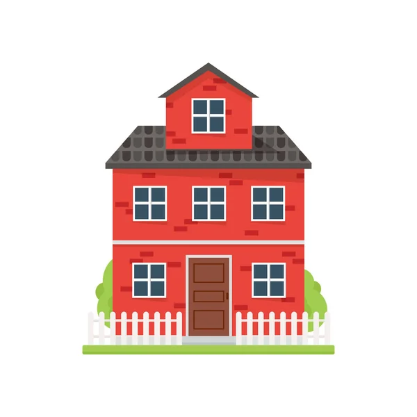 Симпатичный красный кирпичный дом с белым забором и зеленым двором — стоковый вектор
