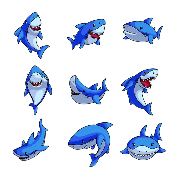 Conjunto de coloridos tiburones azules en diferentes poses cómicas — Vector de stock