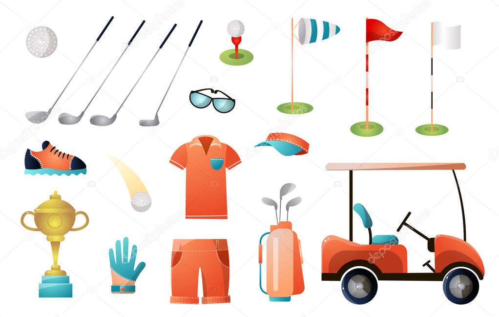 Set of modern golf equipment for gold championship