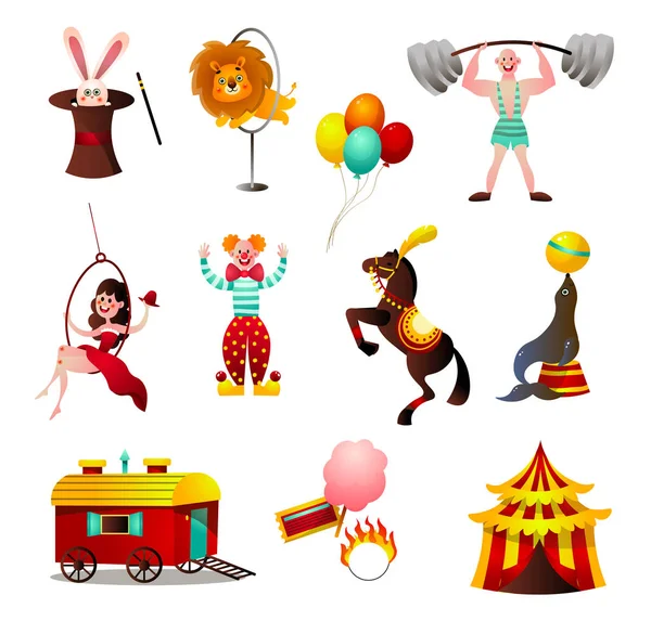 Conjunto de animales coloridos de circo y persona en la arena de vacaciones — Vector de stock
