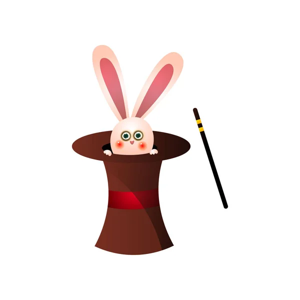 Mignon lapin rose du cirque chapeau magique près du bâton magique — Image vectorielle