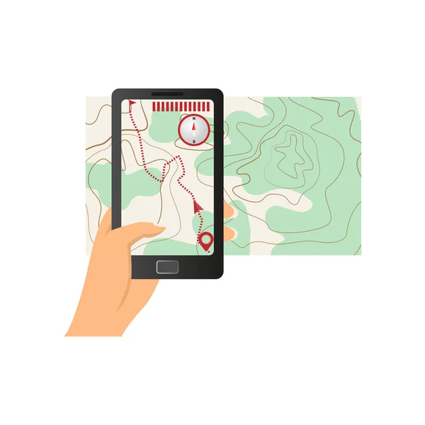 El smartphone de realidad aumentada muestra la ruta del mapa topográfico — Archivo Imágenes Vectoriales