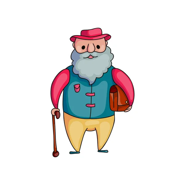 Baston ve deri çanta ile yaşlı yaşlı adam — Stok Vektör