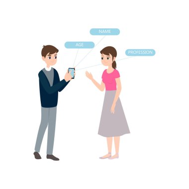 Erkek kız karşılamak akıllı telefon kişisel bilgileri göstermek