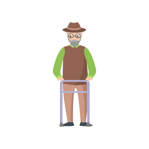 Starý muž v brýlích, zelená košile s kovovým chodesem — Stockový vektor