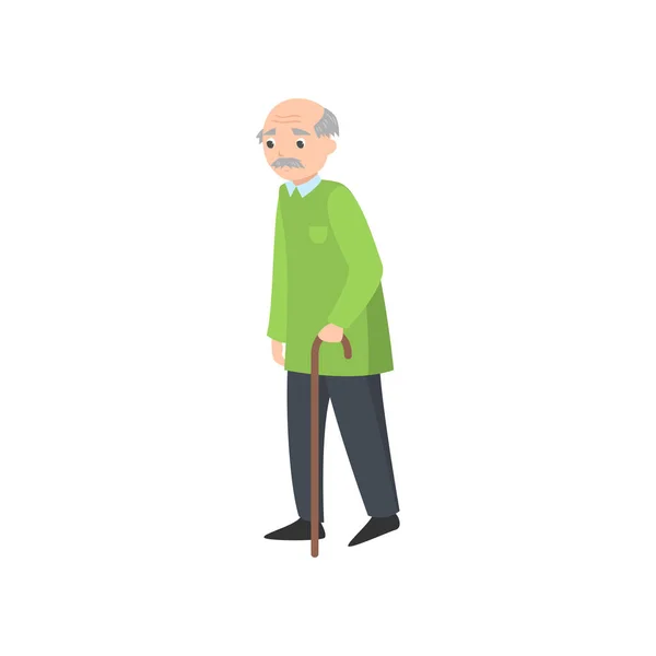 Ledsen gammal man går med trä käpp i parken — Stock vektor