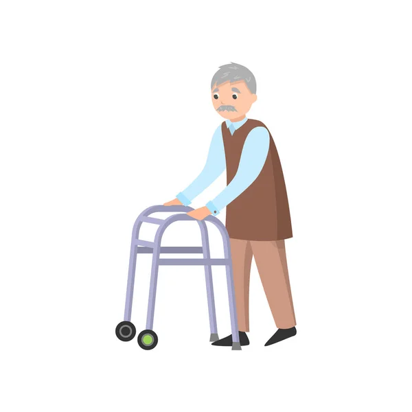 Old man with grey mustache use walker to move — Stock Vector