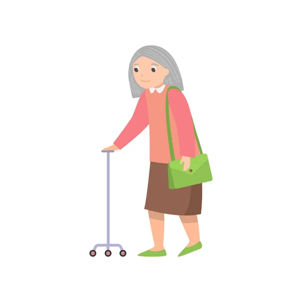 Mulher sênior andando com vara de metal e bolsa verde — Vetor de Stock