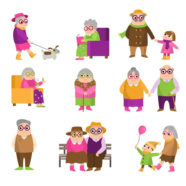 Set von niedlichen modernen alten Menschen mit bunten Kleidern — Stockvektor