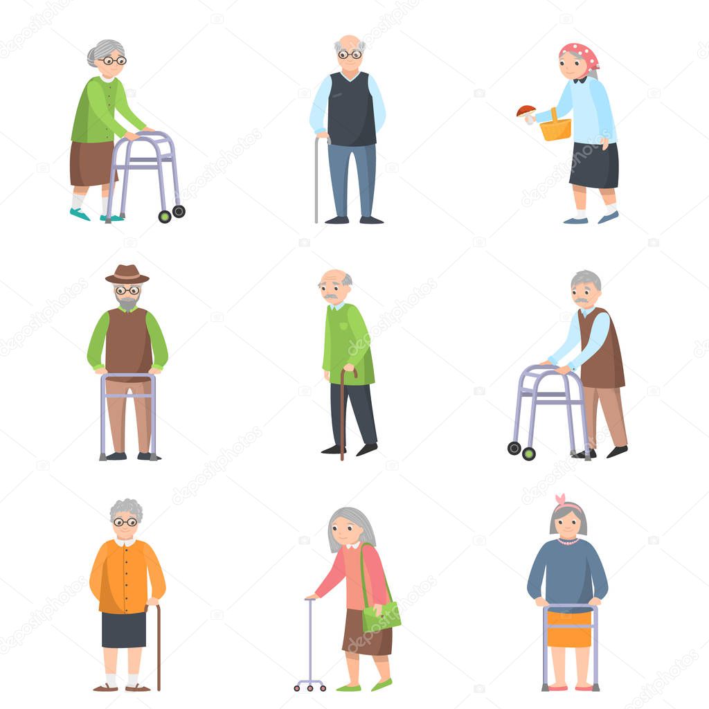 Set of old people in different poses with additional object
