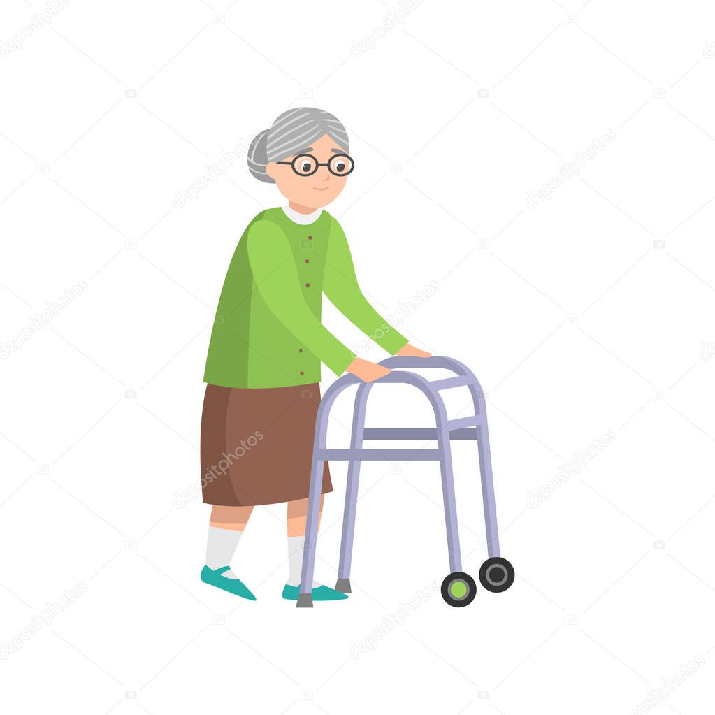 Senior old woman in green clothes walking with walker
