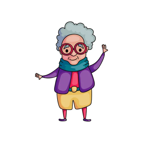 Roztomilá tančící starší žena v purpurovém kabátku s červenými brýlemi — Stockový vektor