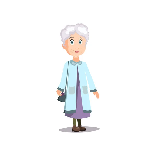 Carino sorridente vecchia donna con cappotto blu pronto — Vettoriale Stock