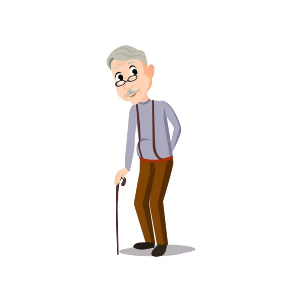 안경을 쓰고 있는 늙은 웃는 남자가 지팡이를 걷고 있습니다. — 스톡 벡터