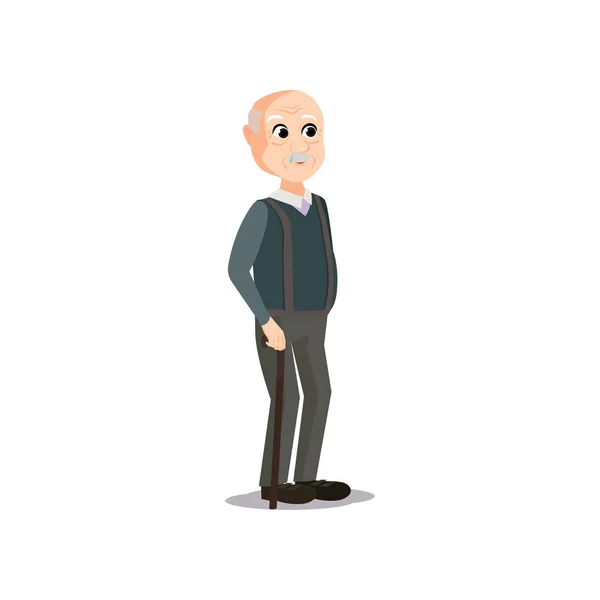 Cute bald old man with retro clothes in walking — Stock Vector