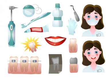 Set of modern stomatology icons or dentis doctor tools