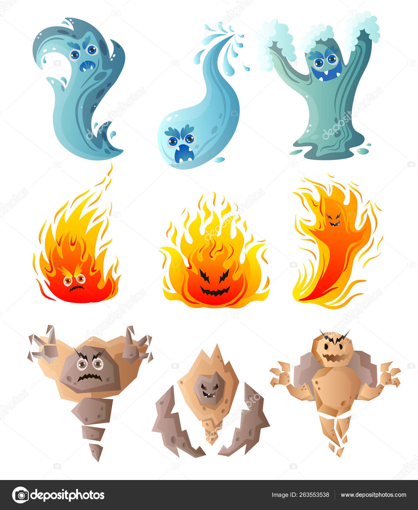 Conceito vetorial de monstros de jogo de fogo, água, vento e terra em  estilo cartoon